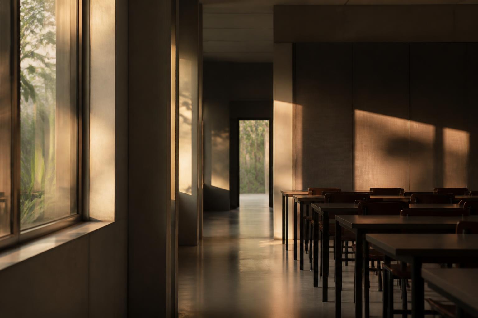 Corredor de instituição de ensino ao entardecer